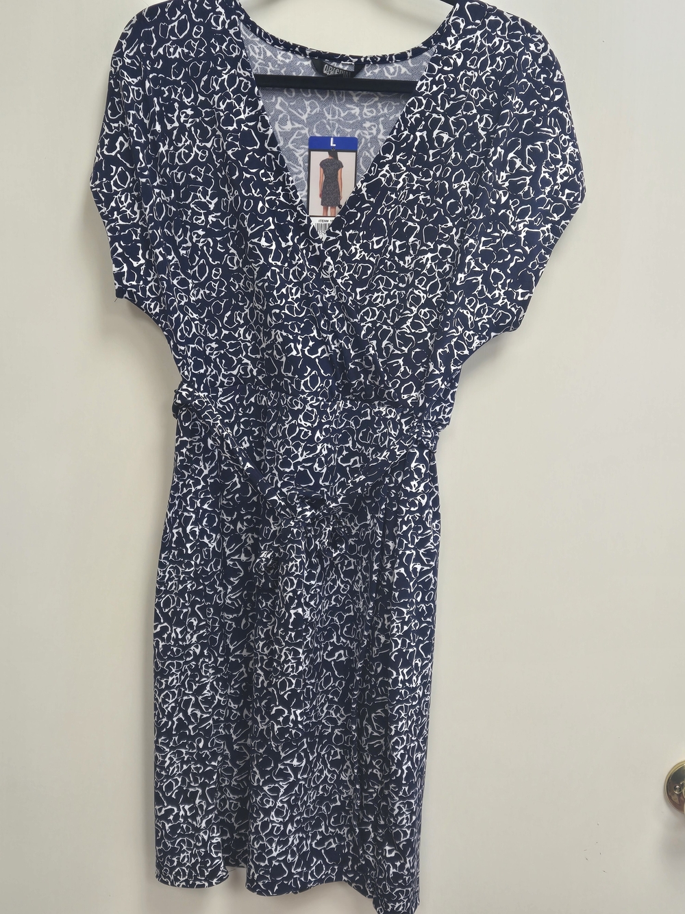 Nicole Miller Navy and White Printed Faux Wrap-Style Dress Nwt Size Large